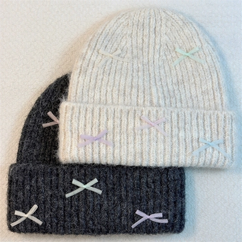 Women Knitted Beanie Hat Warm Acrylic Wool Blend Sweet Bowknot Ribbon Decor Winter Ribbed Cuff Soft Cap