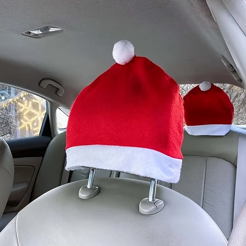 Kerstmuts Auto Hoofdsteunhoezen Rood Wit Non-Woven Fluweel Stof Kerst Vakantie Voertuig Interieur Feest Decoratie