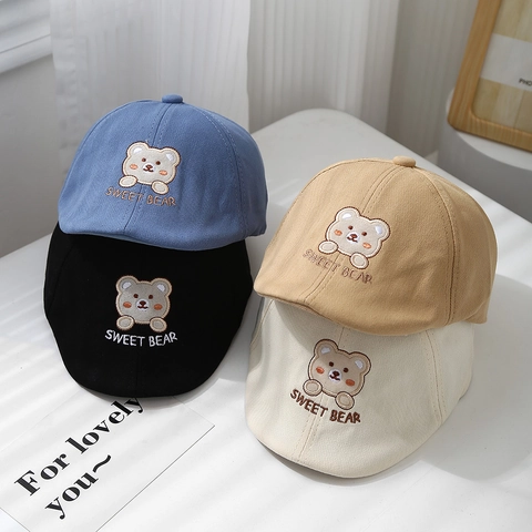 Kids Cotton Beret Painter Hat Cute Cartoon Bear Embroidery Sweet Bear Breathable Sunshade Cap For Toddler Baby Boys Girls