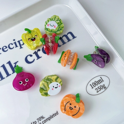 Cute Cartoon Vegetable Fruit Shape Acetate Mini Hair Claw Clip Smiling Face Small Hairpin Sweet Headwear For Women Girls