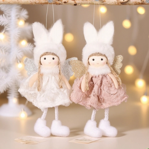 Christmas Angel Plush Hanging Ornaments With Lace Dress Reindeer Antlers Rabbit Ears Glitter Wings Tree Decor Festive