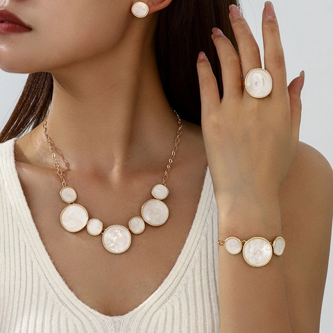 Irregular Round Gold Alloy White Marble Pattern Necklace Bracelet Earrings Adjustable Ring Collection For Women Commuting Jewelry