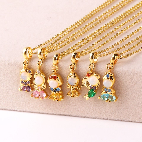 Cartoon Princess Character Pendant Necklace Gold Plated Brass With Zircon Opal Inlay Kawaii Jewelry For Girls Women