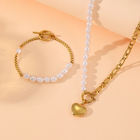 Ensemble Collier Bracelet Boucles d'Oreilles en Acier Inoxydable 316L Avec Pendentif Cœur et Perles Asymétriques Bijoux pour Femmes