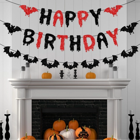 Halloween Birthday Party Banner Glitter Paper Bat Spider Web Hanging Garland Bloody Font Decoration Props