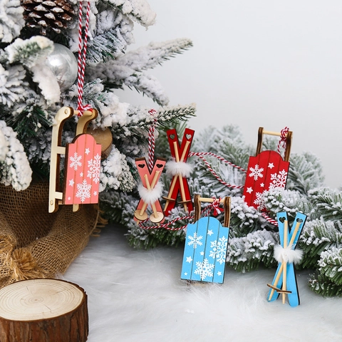 Wooden Christmas Sled Ski Hanging Ornament Miniature Snowboard Sled Decorative Pendant For Christmas Tree Holiday Home Decor