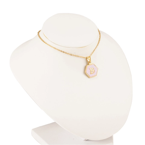 Hexagon Initial Letter Pendant Necklace 18K Gold Plated Stainless Steel Pink Natural Shell Mother Of Artificial Pearl Chic Jewelry