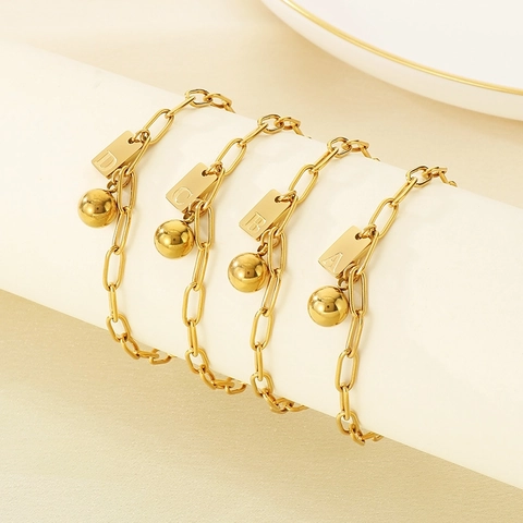 Pulsera Con Colgante Cuadrado De Letra Inicial Acero Inoxidable Cadena De Eslabones Con Cuenta Redonda Para Mujer Joyería