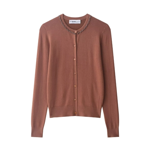 Women Knitted Cardigan Beaded Neckline Button Up Long Sleeve Polyester Knitwear Elegant Sweater Top Caramel