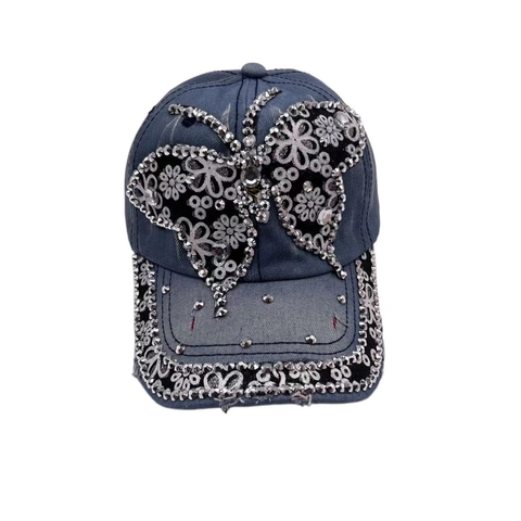 Casquette De Baseball En Denim Avec Papillon En Strass Coton Délavé Réglable Protection Solaire Style Camionneur