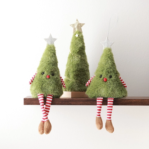 Weihnachts Plüschpuppen Ornamente Lange Gestreifte Beine Sitzender Baum Grünes Kunstfell Festliche Tischdeko Geschenk