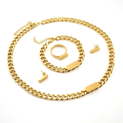Collana Catena Cubana Bracciale Anello Orecchini Acciaio Al Titanio Oro Stile Hip Hop Piastra Rettangolare Uomini Donne