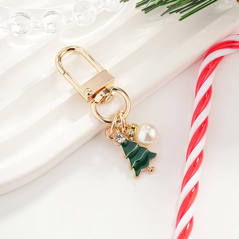 Christmas Keychain Alloy Enamel Santa Claus Snowman Christmas Tree Bag Pendant With Faux Artificial Pearl Rhinestone Decoration