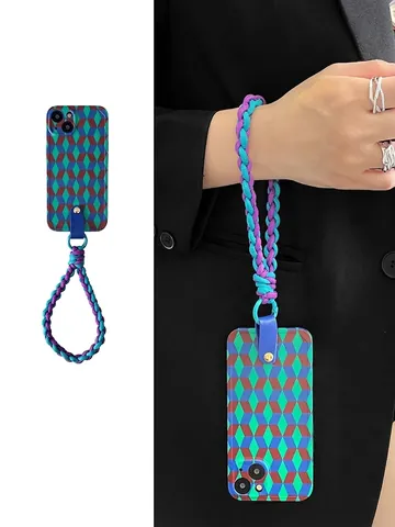 Geometric Cube Pattern Silicone Soft Phone Case With Woven Lanyard For iPhone 15 14 13 12 11 Pro Max Crossbody Strap Cover