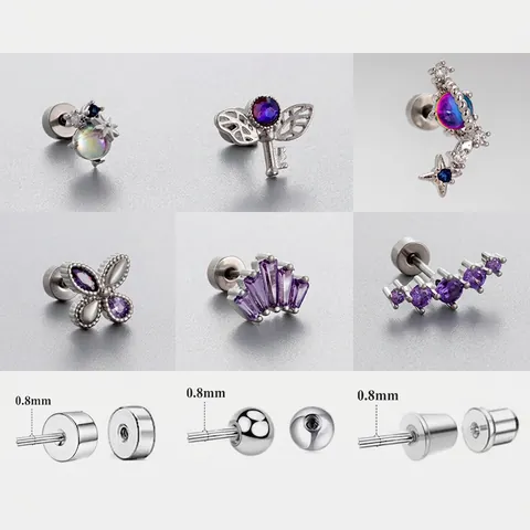 Kraakbeen Stud Oorbellen Titanium Staal Paarse Zirkoon Vlinder Ster Maan Kroon Sleutel Ontwerp Schroefsluiting Piercing Sieraden Dames
