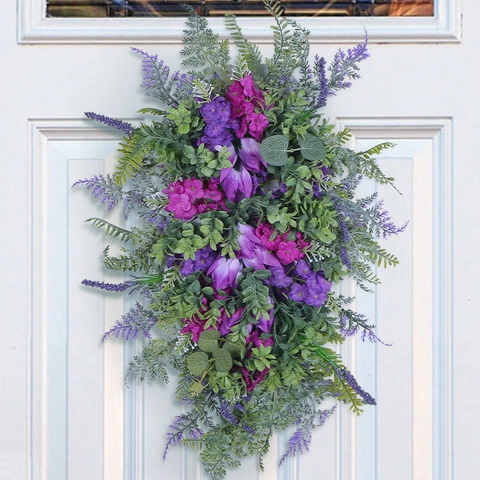 Künstlicher Lilane Tulpen Swag Lavendel Hortensien Kranz Florale Tür Wandbehang Kunststoff Satin Frühling Sommer Dekor