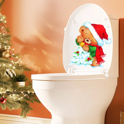 Autocollant Couvercle Toilettes Ours Noel PVC Adhesif Decoration Salle Bain Impermeable Fete Dessin Anime