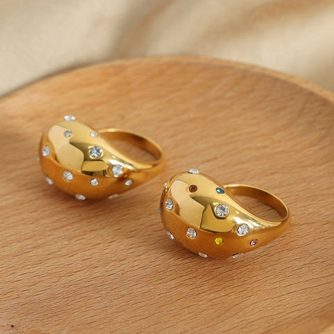 Water Drop Dome Ring Titanium Steel 18K Gold Plated Micro Pave Colorful Rhinestone Statement Fashion Jewelry For Women