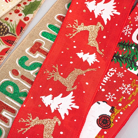 Ruban Décoratif De Noël Imitation Toile De Jute Bord Filaire Motif Renne Carreaux Camion Impression Pailletée Pour Emballage Cadeau