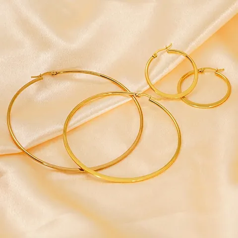 Stainless Steel Hoop Earrings For Women 18K Gold Plated Minimalist Round Flat Surface High Polish Jewelry