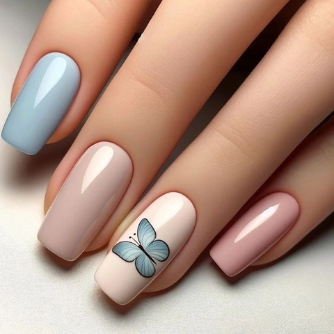 Press On Nails Artificial False Nail Tips Butterfly Pattern Minimalist Solid Color Square Round Shape Glossy Detachable For Women