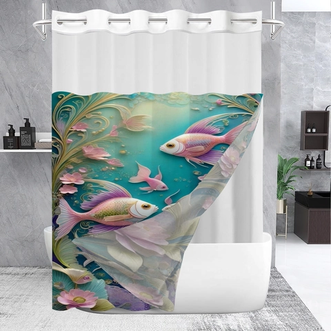 3D Geprint Douchegordijn Waterdichte Polyester Stof Haakloos Ontwerp Dubbele Laag Met Afneembare Voering Voor Badkamer