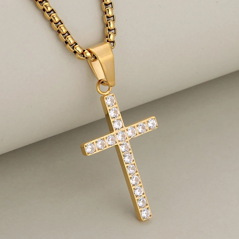 Collier Pendentif Croix Acier Inoxydable Zircon Cubique Chaîne Vénitienne Bijoux De Mode Pour Hommes Femmes