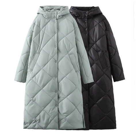 Damen Langer Gesteppter Mantel Mit Kapuze Rautenmuster Druckknopf Wattierte Jacke Winter Warm Draußen Lässig