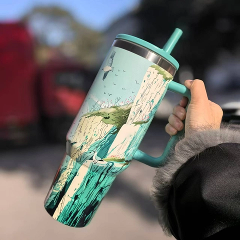Insulated Tumbler Stainless Steel Vacuum Cup With Handle And Straw Large Capacity Travel Car Mug Floral Landscape Print