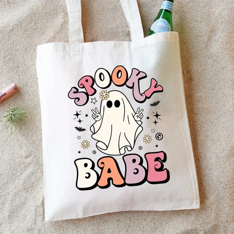 Halloween Canvas Tote Bag For Women Spooky Witch Vibes Print Reusable Shoulder Shopping Bag Holiday Party Casual Handbag