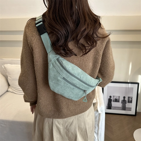 Sac Banane En Velours Côtelé Pour Femmes Sac De Poitrine Décontracté Sangle Réglable Poche À Double Fermeture Éclair Voyage Streetwear Minimaliste