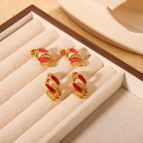 Orecchini A Catena Acciaio Inossidabile Placcato Oro 18K Smalto Zircone Stile Vintage Francese Geometrico Donna