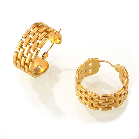French Vintage Titanium Steel Gold Plated Hoop Earrings Fashion Hollow Chain Design U-shaped Ear Jewelry For Women