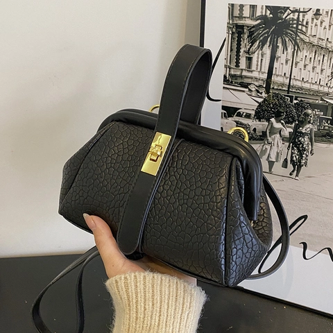 Vintage Women Handbag Textured PU Leather Shoulder Bag With Removable Strap Gold Metal Twist Lock Doctor Bag Style Purse