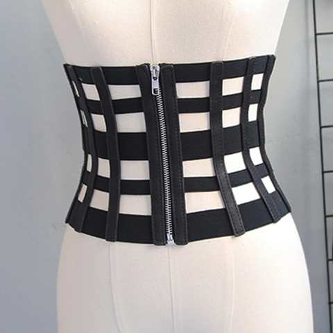 Damen Punk PU Leder Elastisch Gitter Korsett Gürtel Mode Reißverschluss Taillensiegel Underbust Cincher Für Anzug Kleid Zubehör