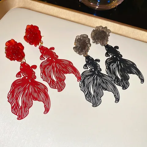 Goldfisch Koi Hängeohrringe Harz Blume Hohl Neu Chinesischen Stil Für Frauen Mit 925 Sterling Silber Ohrring Stecker