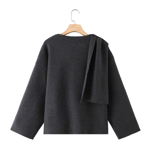 Dames Gebreide Poncho Trui Met Aangehechte Sjaalkraag Asymmetrische Drapering Zachte Lange Mouw Cape Top Met Zakken