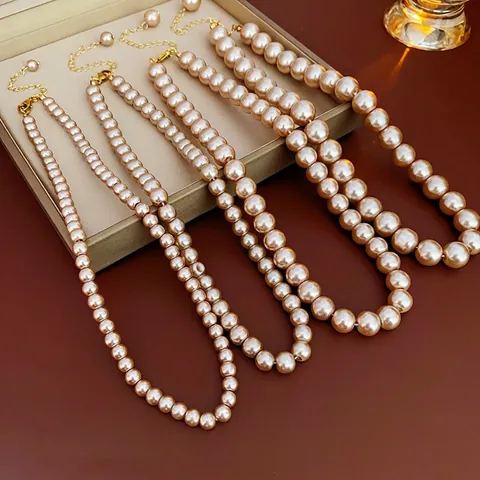Vintage French Champagne Artificial Pearl Necklace Elegant Alloy Clasp Choker For Women Wedding Party Formal Occasion Jewelry