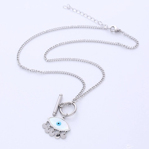 Turkish Evil Eye Pendant Necklace 316L Stainless Steel Mother Of Artificial Pearl Shell Round Tassels Toggle Clasp Vintage For Women