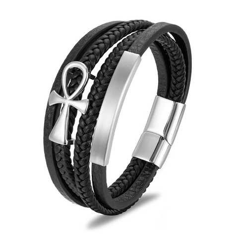 Bracelet Homme En Cuir Tressé Multicouche Avec Fermoir Magnétique En Acier Inoxydable 316L Bijoux Punk Gothique