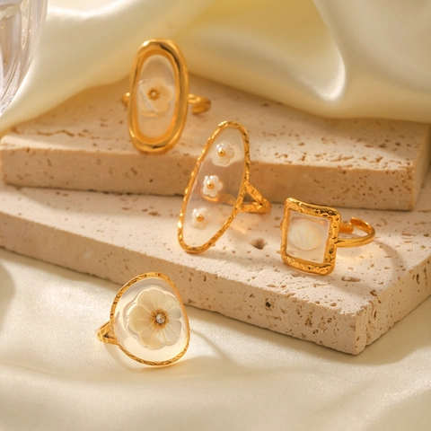 Bague Ouverte Vintage En Acier Inoxydable Pour Femmes Style Français Résine Fleur Coquille Bijoux Géométriques
