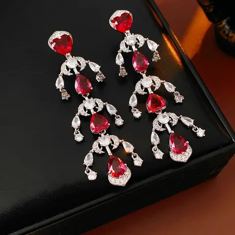 Pendientes Colgantes Corazón Rojo Gota De Agua Circón Cobre Borla Lujo Vintage Estilo Corte Postes De Plata