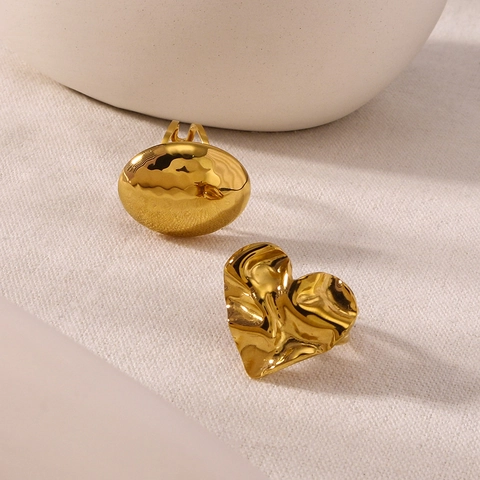 Vintage 18K Gold Plated Stainless Steel Heart Oval Open Ring Hammered Wrinkled Texture Adjustable Jewelry For Women