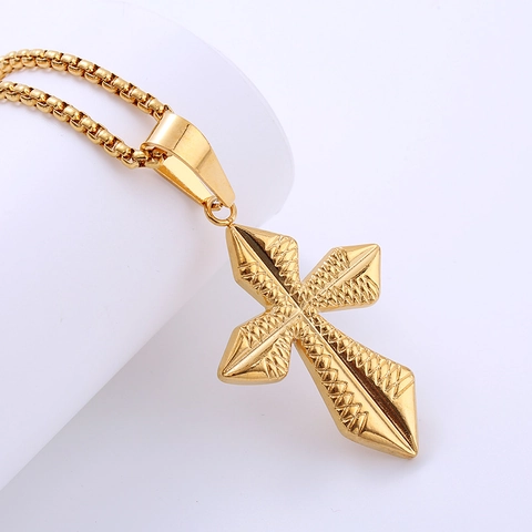 Collar Con Colgante De Cruz De Oro Vintage Acero Inoxidable 316L Galvanizado Textura Rombo Cadena Caja Joyería Unisex