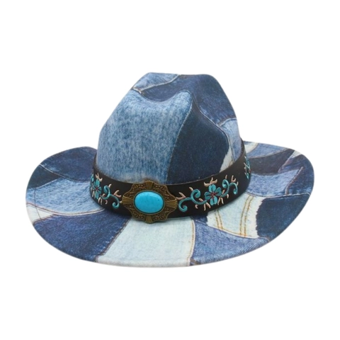 Cappello Fedora Cowboy Western In Denim Patchwork Con Fascia Ricamata E Pietra Turchese Stile Retro Protezione Solare
