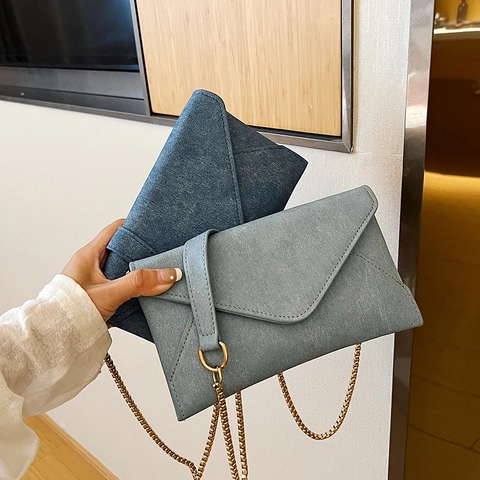 Envelope Crossbody Bag Women PU Leather Denim Texture Shoulder Purse Gold Chain Strap Minimalist Flap Handbag