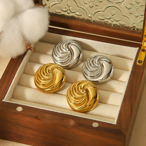 Round Spiral Stud Earrings 18K Gold Plated Stainless Steel Geometric Textured High End Fashion Jewelry For Women