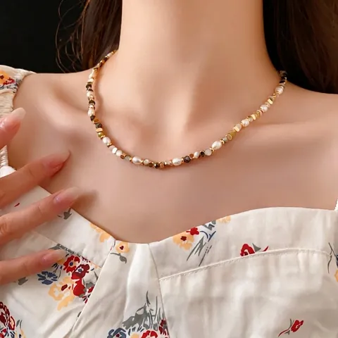 Perlenkette Mit Süßwasserperlen Kupfer Und Achat Retro Französischer Stil Halskette Für Damen Luxus Mode Schmuck
