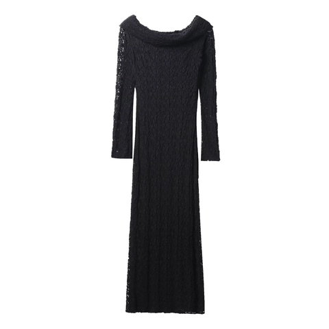 Elegantes Maxi Kleid Aus Spitze Schulterfrei Hohl Bestickt Langarm Körperbetontes Partykleid Damen