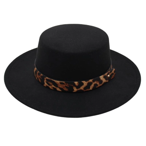 Boater Hat Flat Top Wide Brim Woolen Felt Leopard Print Band Vintage Elegant Fedora For Women